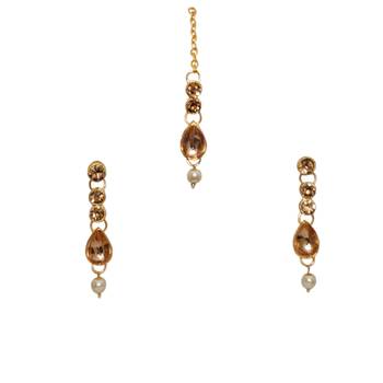 Lct agate stone necklace set with earrings and maang tikka (gold plated) 5