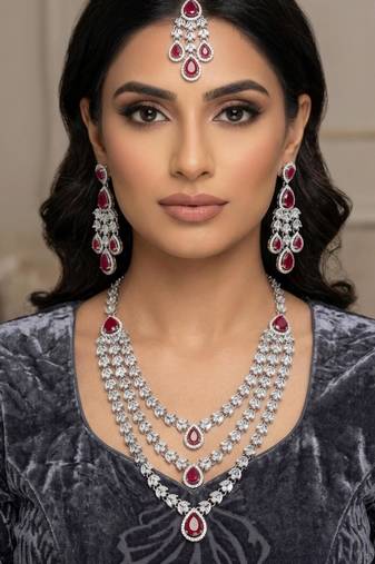 Maroon color necklace set with earrings & maang tikka | agate stone | rhodium plated