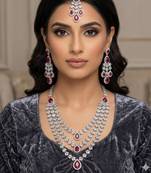 Maroon color necklace set with earrings & maang tikka | agate stone | rhodium plated