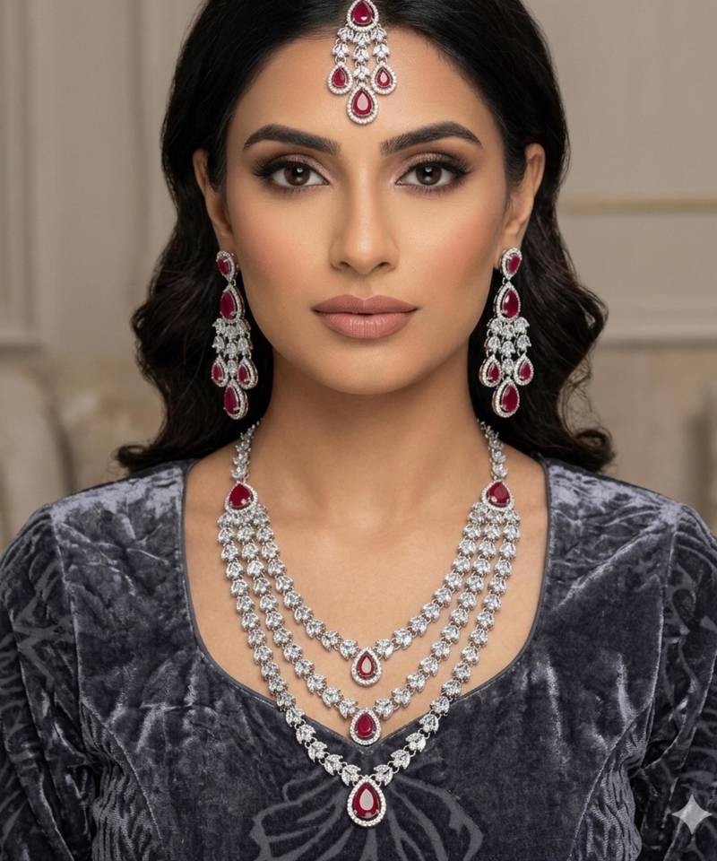 Maroon color necklace set with earrings & maang tikka | agate stone | rhodium plated