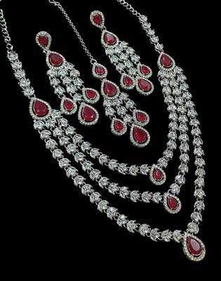 Maroon color necklace set with earrings & maang tikka | agate stone | rhodium plated 2