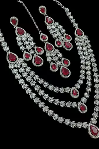 Maroon color necklace set with earrings & maang tikka | agate stone | rhodium plated
