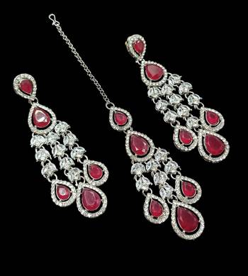 Maroon color necklace set with earrings & maang tikka | agate stone | rhodium plated 3