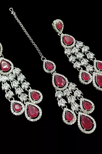 Maroon color necklace set with earrings & maang tikka | agate stone | rhodium plated