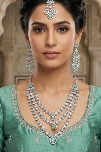 Pista color necklace set with earrings & maang tikka | agate stone | rhodium plated