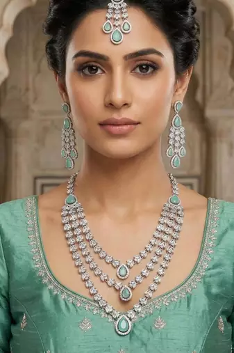 Pista color necklace set with earrings & maang tikka | agate stone | rhodium plated