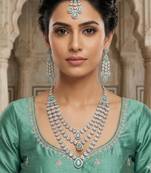 Pista color necklace set with earrings & maang tikka | agate stone | rhodium plated
