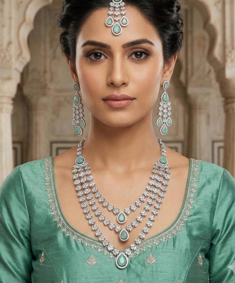 Pista color necklace set with earrings & maang tikka | agate stone | rhodium plated