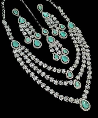 Pista color necklace set with earrings & maang tikka | agate stone | rhodium plated 2