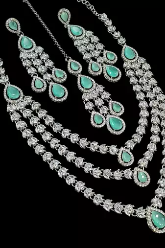 Pista color necklace set with earrings & maang tikka | agate stone | rhodium plated