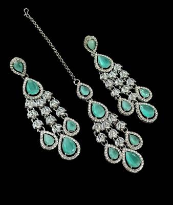 Pista color necklace set with earrings & maang tikka | agate stone | rhodium plated 3
