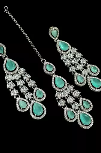 Pista color necklace set with earrings & maang tikka | agate stone | rhodium plated