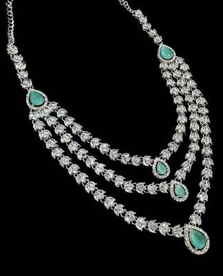Pista color necklace set with earrings & maang tikka | agate stone | rhodium plated 4