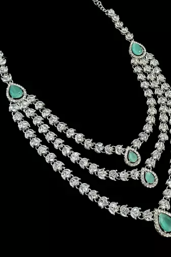 Pista color necklace set with earrings & maang tikka | agate stone | rhodium plated