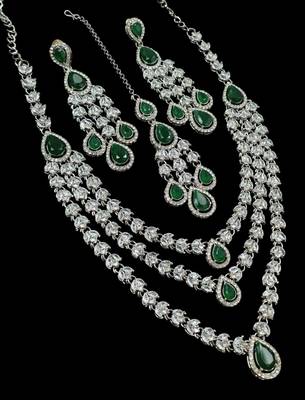 Green color necklace set with earrings & maang tikka | agate stone | rhodium plated 2