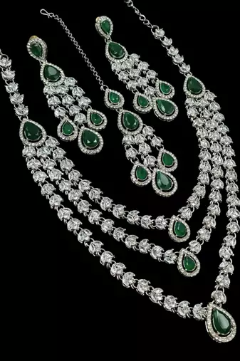 Green color necklace set with earrings & maang tikka | agate stone | rhodium plated