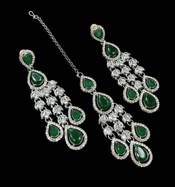 Green color necklace set with earrings & maang tikka | agate stone | rhodium plated 3