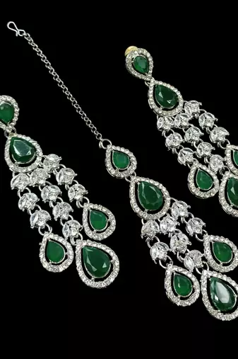 Green color necklace set with earrings & maang tikka | agate stone | rhodium plated