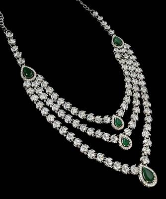 Green color necklace set with earrings & maang tikka | agate stone | rhodium plated 4