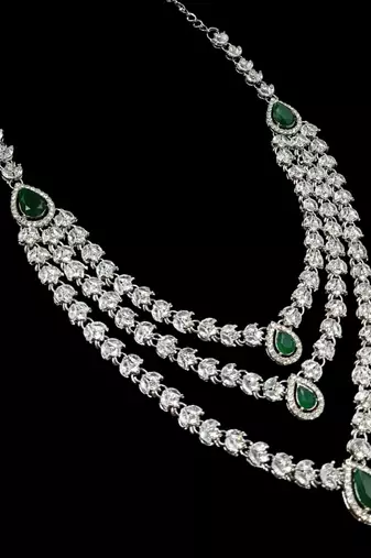 Green color necklace set with earrings & maang tikka | agate stone | rhodium plated
