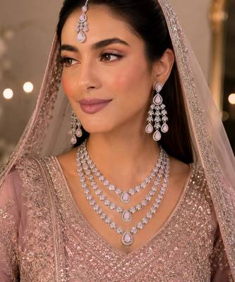Baby pink color necklace set with earrings & maang tikka | agate stone | rhodium plated 1