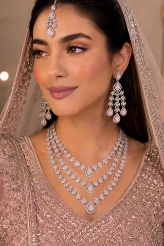 Baby pink color necklace set with earrings & maang tikka | agate stone | rhodium plated