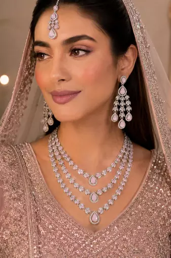 Baby pink color necklace set with earrings & maang tikka | agate stone | rhodium plated