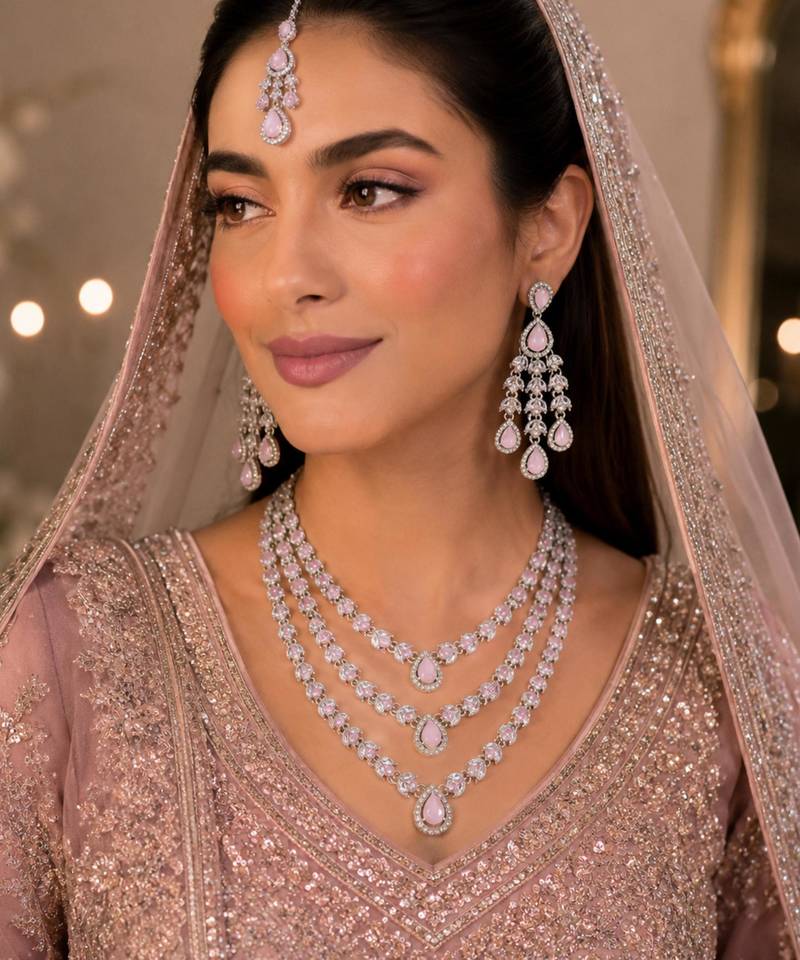 Baby pink color necklace set with earrings & maang tikka | agate stone | rhodium plated
