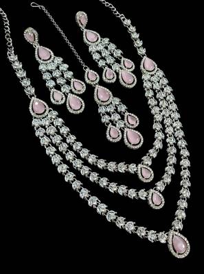 Baby pink color necklace set with earrings & maang tikka | agate stone | rhodium plated 2