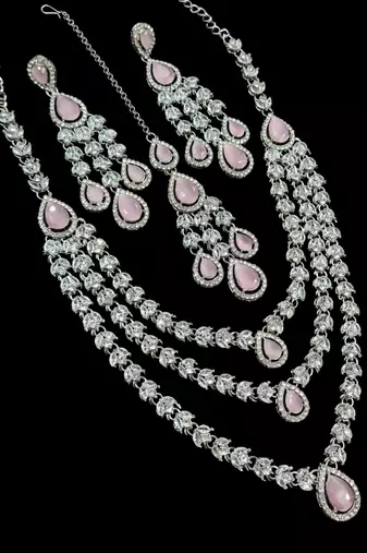 Baby pink color necklace set with earrings & maang tikka | agate stone | rhodium plated