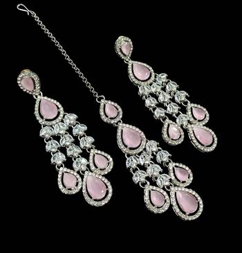 Baby pink color necklace set with earrings & maang tikka | agate stone | rhodium plated 3