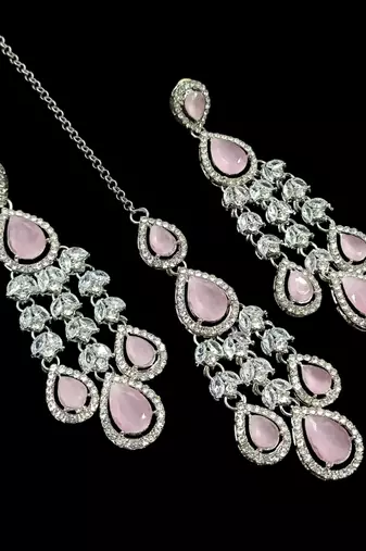 Baby pink color necklace set with earrings & maang tikka | agate stone | rhodium plated