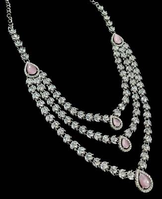 Baby pink color necklace set with earrings & maang tikka | agate stone | rhodium plated 4