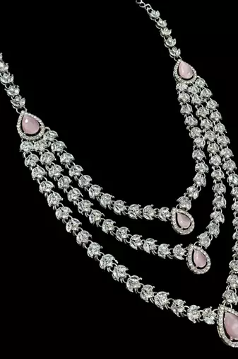 Baby pink color necklace set with earrings & maang tikka | agate stone | rhodium plated