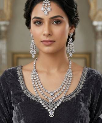 White color necklace set with earrings & maang tikka | agate stone | rhodium plated 1