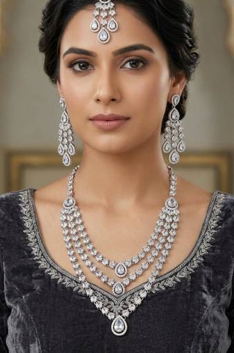 White color necklace set with earrings & maang tikka | agate stone | rhodium plated