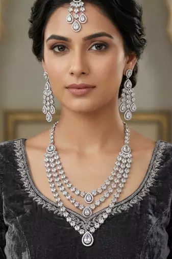 White color necklace set with earrings & maang tikka | agate stone | rhodium plated