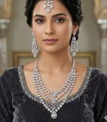 White color necklace set with earrings & maang tikka | agate stone | rhodium plated