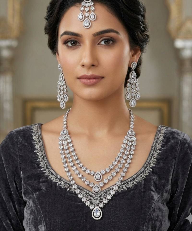 White color necklace set with earrings & maang tikka | agate stone | rhodium plated