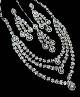 White color necklace set with earrings & maang tikka | agate stone | rhodium plated 2
