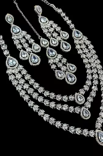 White color necklace set with earrings & maang tikka | agate stone | rhodium plated