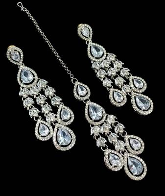 White color necklace set with earrings & maang tikka | agate stone | rhodium plated 3