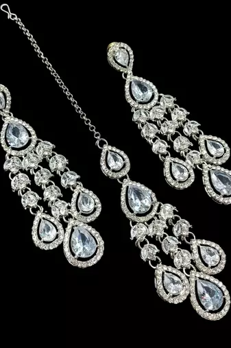 White color necklace set with earrings & maang tikka | agate stone | rhodium plated
