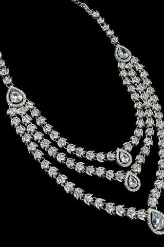 White color necklace set with earrings & maang tikka | agate stone | rhodium plated