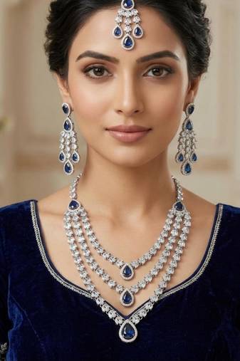 Blue color necklace set with earrings & maang tikka | agate stone | rhodium plated