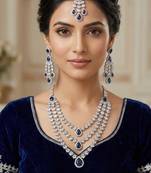 Blue color necklace set with earrings & maang tikka | agate stone | rhodium plated