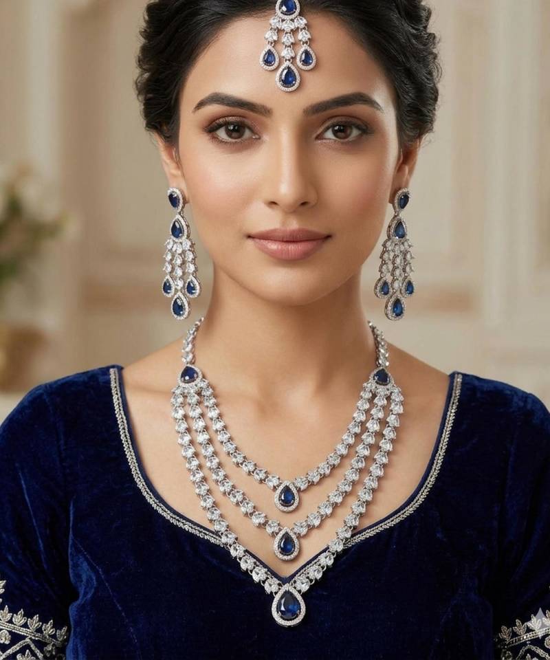 Blue color necklace set with earrings & maang tikka | agate stone | rhodium plated