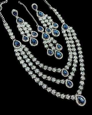 Blue color necklace set with earrings & maang tikka | agate stone | rhodium plated 2