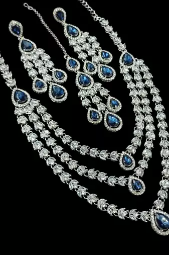Blue color necklace set with earrings & maang tikka | agate stone | rhodium plated