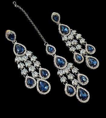 Blue color necklace set with earrings & maang tikka | agate stone | rhodium plated 3